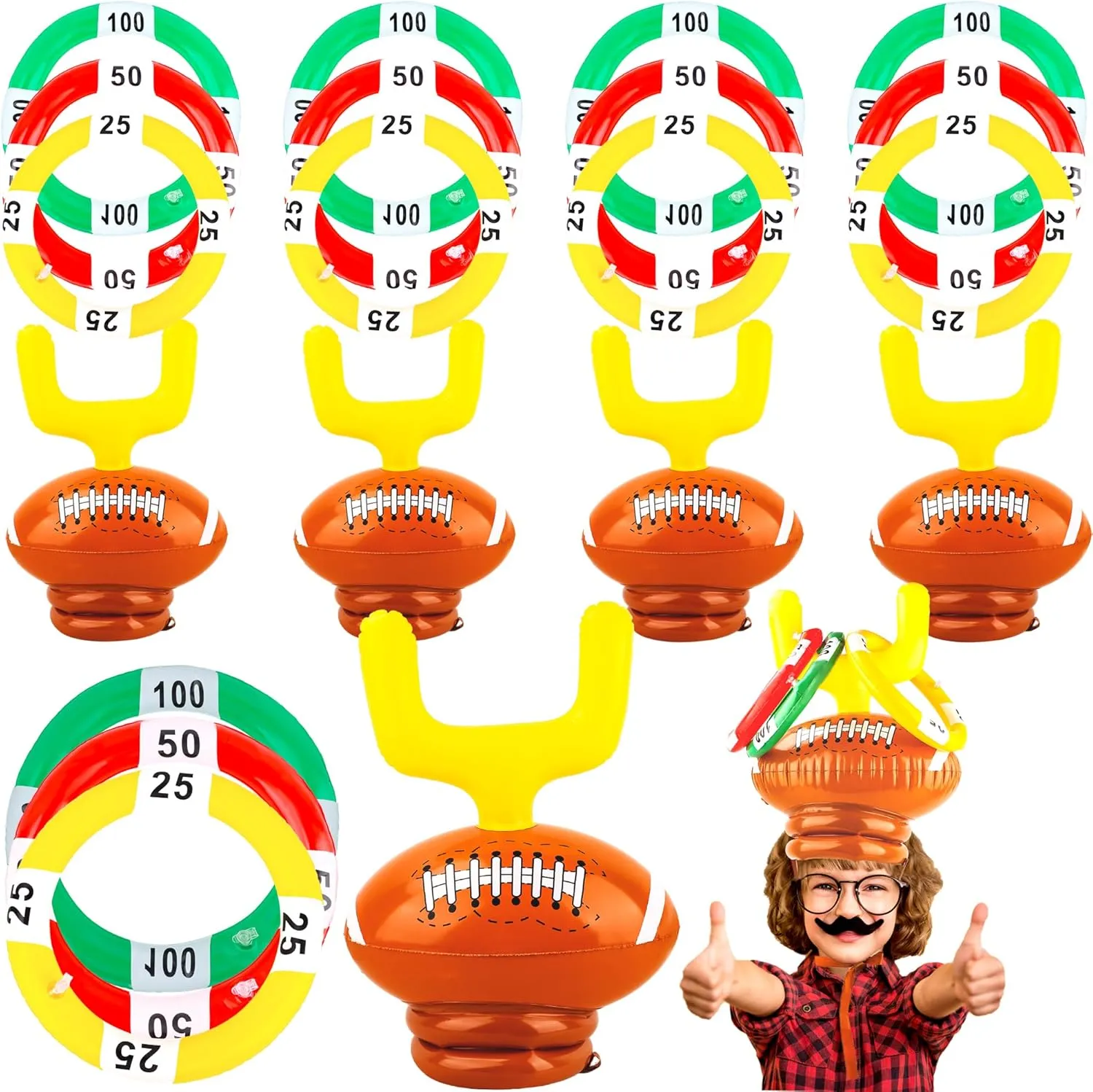 5 Set Inflatable Football Ring Toss Game Football Goal Post Ring Toss Include 5 Pcs Toss Post Hat 15 Pcs Ring Toss Goal Post for Indoor Outdoor Party Supplies