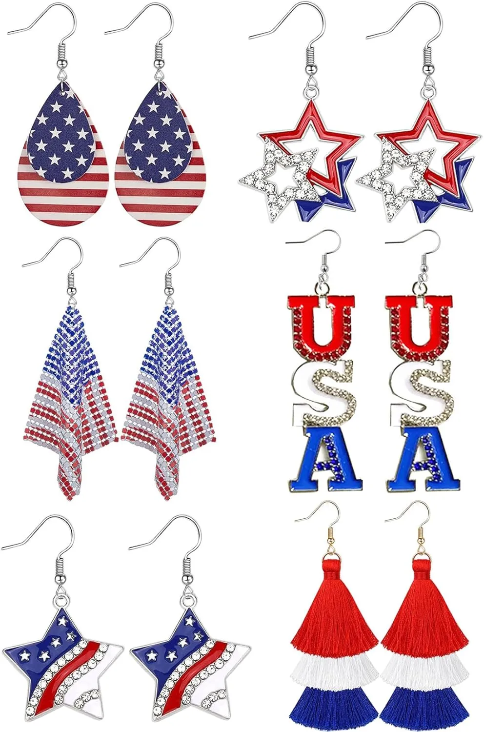 6 Pairs American Flag Earrings USA Drop Earrings 4th of July Accessories for Women Fourth 4th of July Outfits for Women Patriotic earring Party Favors Red White Blue Decorations