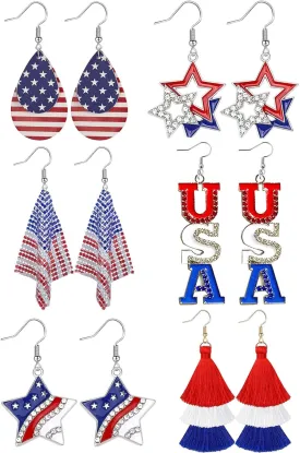 6 Pairs American Flag Earrings USA Drop Earrings 4th of July Accessories for Women Fourth 4th of July Outfits for Women Patriotic earring Party Favors Red White Blue Decorations