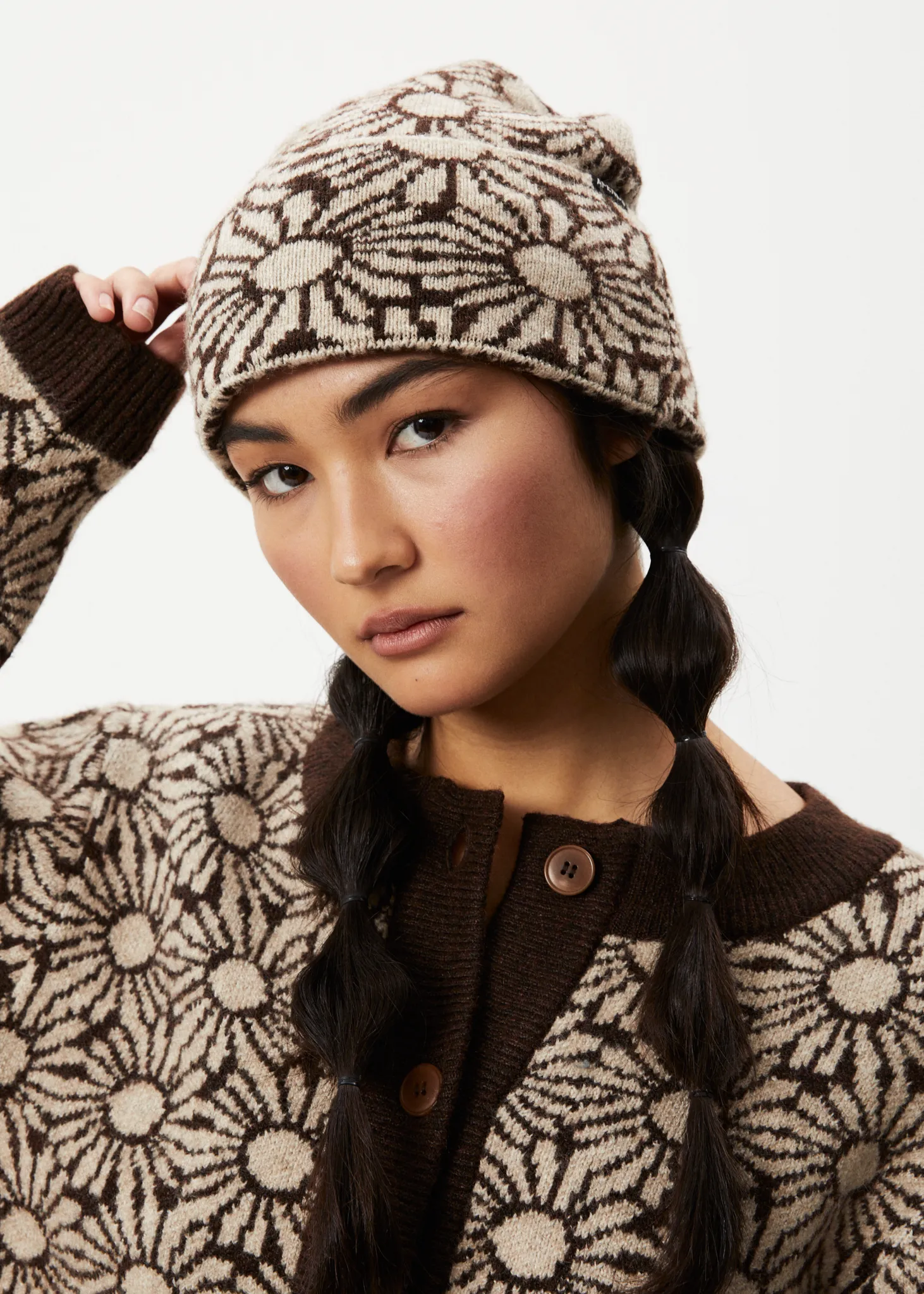 AFENDS Unisex Dandy - Floral Knit Beanie - Toffee