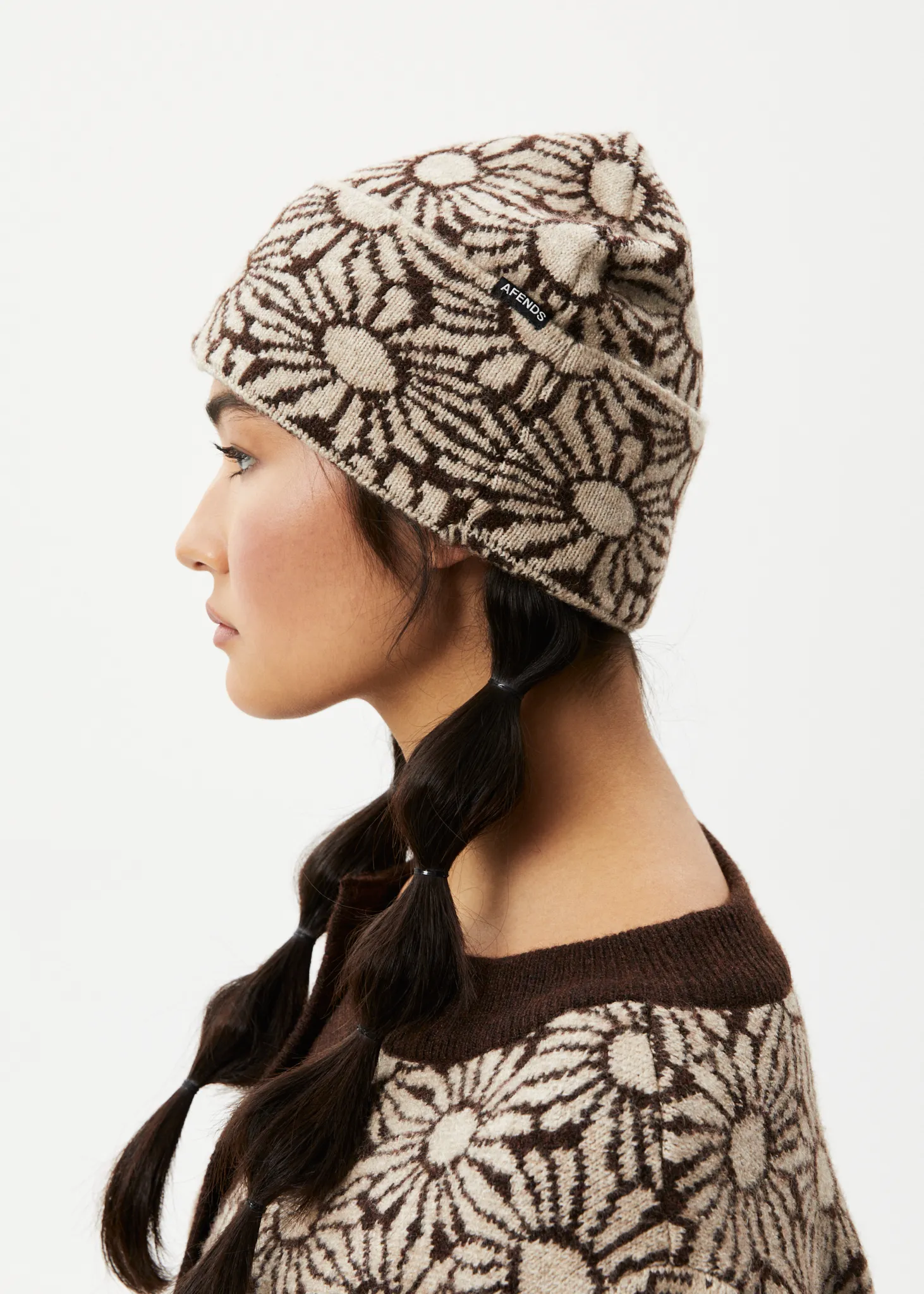 AFENDS Unisex Dandy - Floral Knit Beanie - Toffee