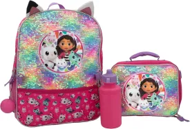 AI ACCESSORY INNOVATIONS Gabbys Doll House 4 Piece Backpack Set, Flip Sequin 16" School Bag for Girls with Front Zip Pocket, Pink