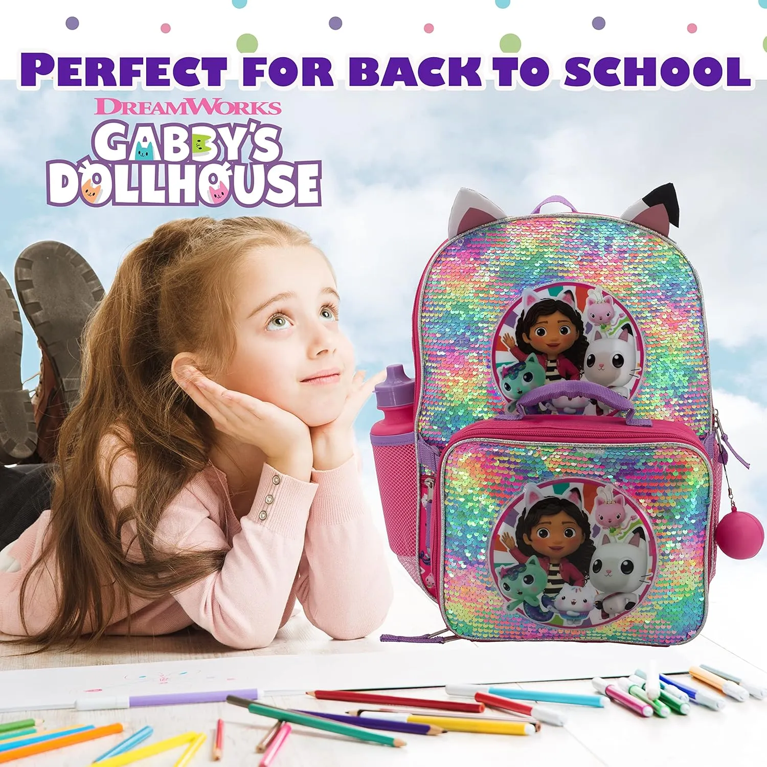 AI ACCESSORY INNOVATIONS Gabbys Doll House 4 Piece Backpack Set, Flip Sequin 16" School Bag for Girls with Front Zip Pocket, Pink