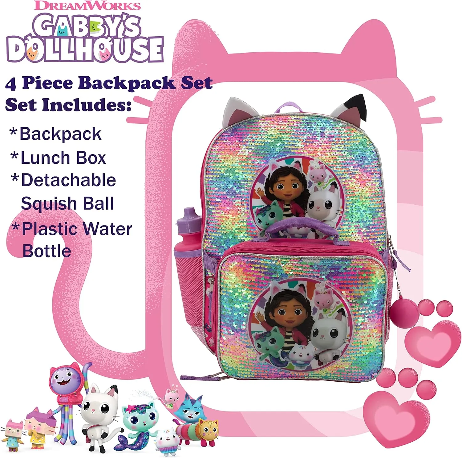 AI ACCESSORY INNOVATIONS Gabbys Doll House 4 Piece Backpack Set, Flip Sequin 16" School Bag for Girls with Front Zip Pocket, Pink