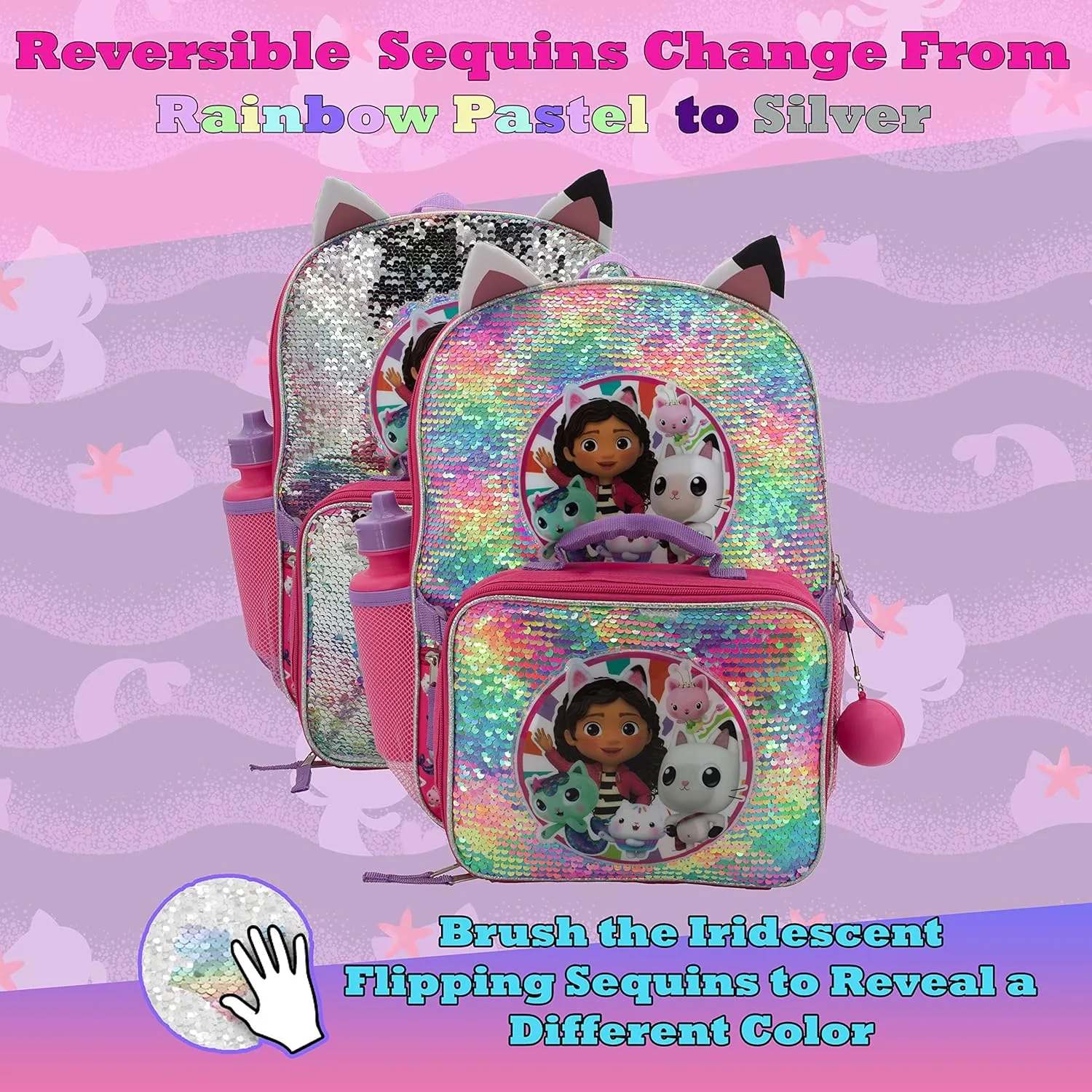 AI ACCESSORY INNOVATIONS Gabbys Doll House 4 Piece Backpack Set, Flip Sequin 16" School Bag for Girls with Front Zip Pocket, Pink