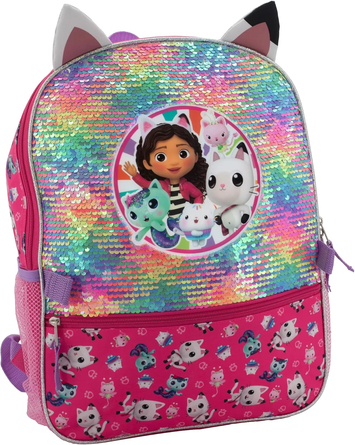 AI ACCESSORY INNOVATIONS Gabbys Doll House 4 Piece Backpack Set, Flip Sequin 16" School Bag for Girls with Front Zip Pocket, Pink