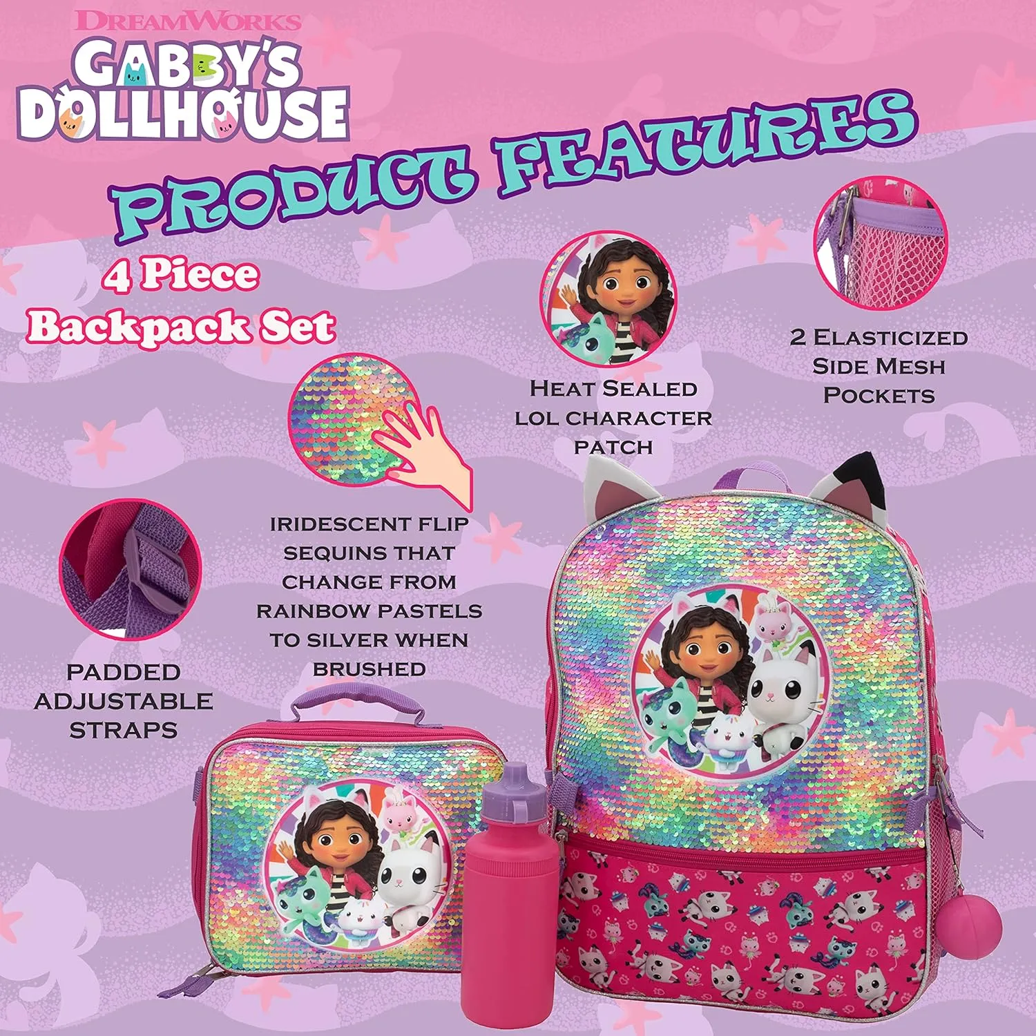 AI ACCESSORY INNOVATIONS Gabbys Doll House 4 Piece Backpack Set, Flip Sequin 16" School Bag for Girls with Front Zip Pocket, Pink