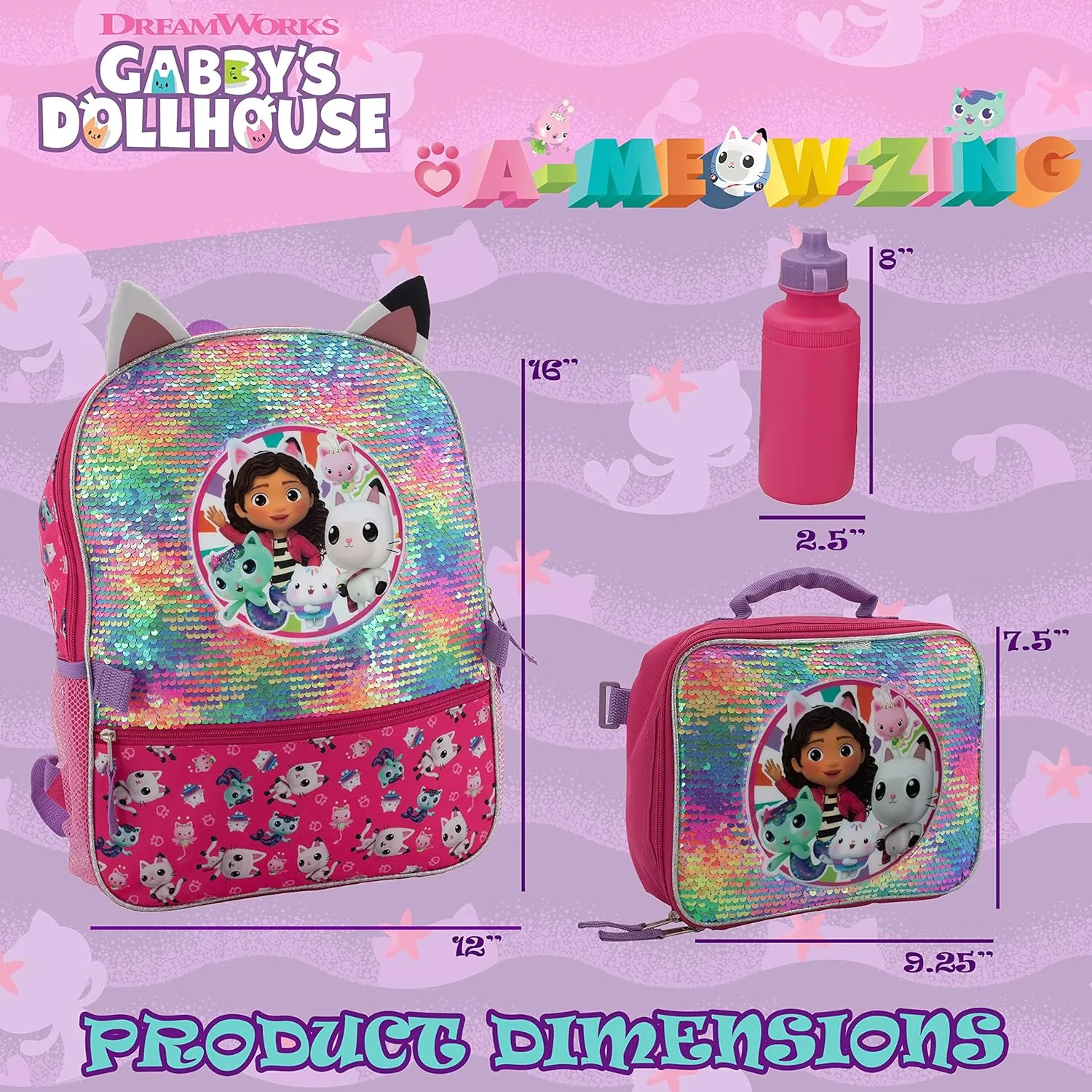 AI ACCESSORY INNOVATIONS Gabbys Doll House 4 Piece Backpack Set, Flip Sequin 16" School Bag for Girls with Front Zip Pocket, Pink