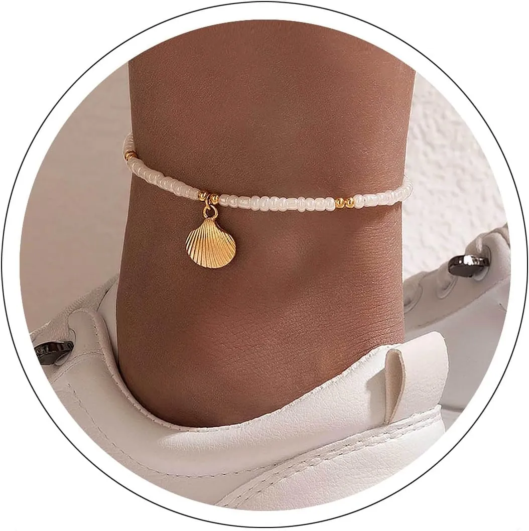 Andelaisi Boho Hippie Ankle Bracelets Scallop Pendant Ankle Bracelet Gold handmade Anklet Bracelet Vintage Seashell Chain Anklet White Rice Bead Anklet Foot Chain Jewelry for Women