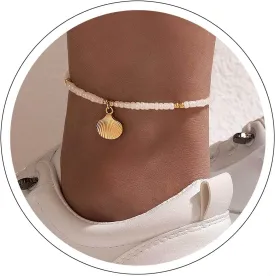 Andelaisi Boho Hippie Ankle Bracelets Scallop Pendant Ankle Bracelet Gold handmade Anklet Bracelet Vintage Seashell Chain Anklet White Rice Bead Anklet Foot Chain Jewelry for Women