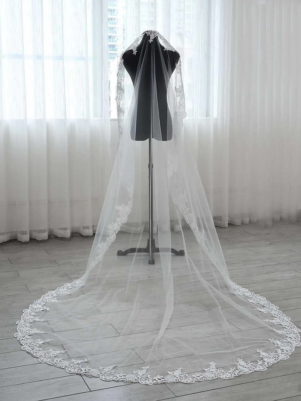 Aukmla Wedding Bridal Veils Long Veil with Lace and Metal Comb at The Edge Cathedral Length