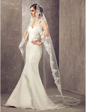 Aukmla Wedding Bridal Veils Long Veil with Lace and Metal Comb at The Edge Cathedral Length