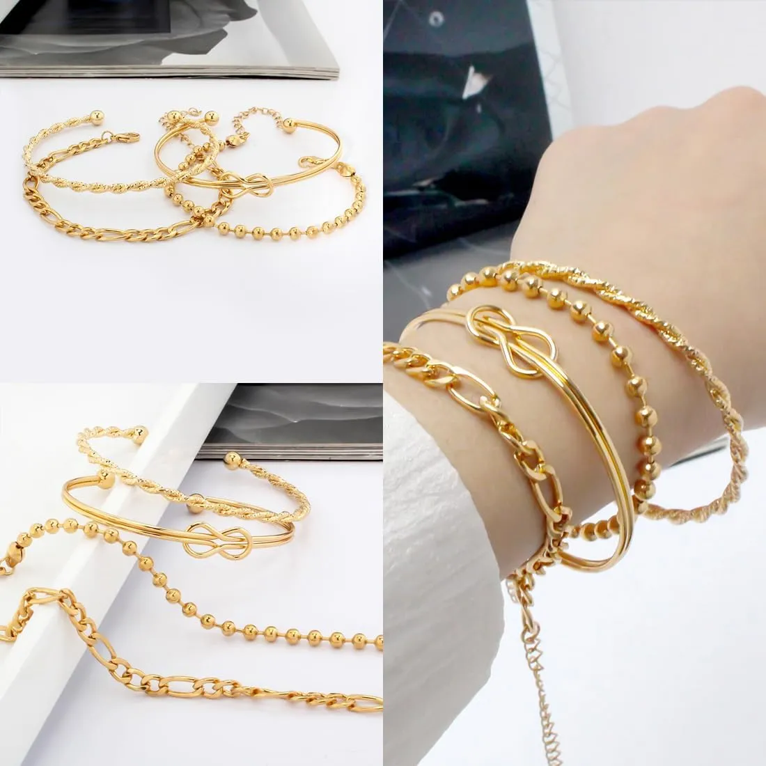 Boho Gold Chain Bracelets Set for Women Girls Multiple Layered Necklace Open Cuff Wrap Bangle Adjustable Link Chian BraceletsJewelry for Women Girls Gift