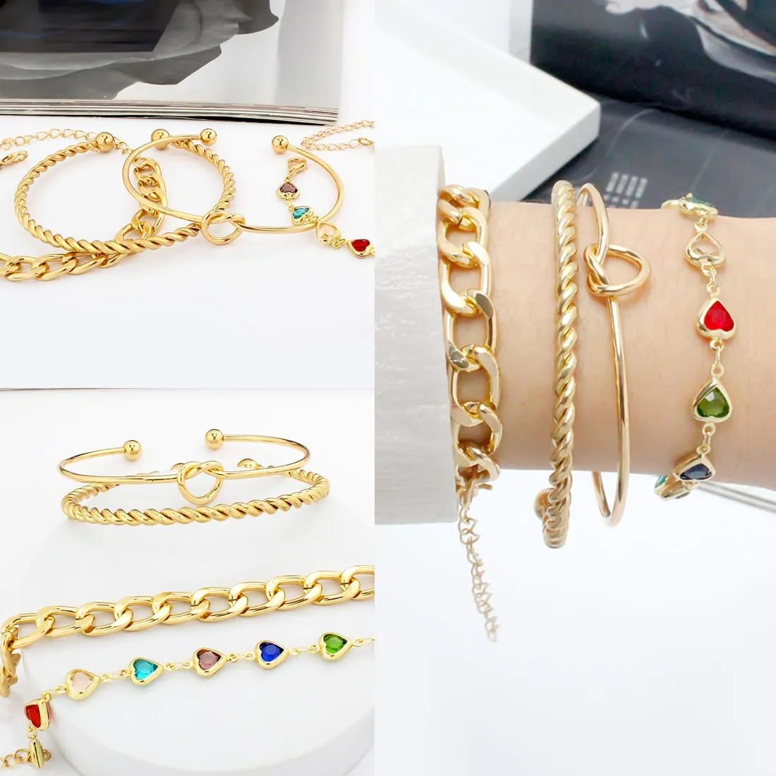 Boho Gold Chain Bracelets Set for Women Girls Multiple Layered Necklace Open Cuff Wrap Bangle Adjustable Link Chian BraceletsJewelry for Women Girls Gift