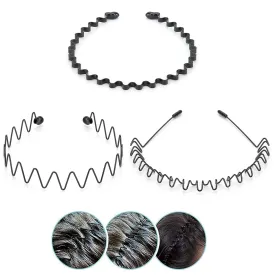 CAMKONG 3PCS Metal Hair Band for Men and Women - Wavy Headband Spring Hoop Sports Fashion Unisex Black Elastic Non-Slip Simple Headwear Accessories