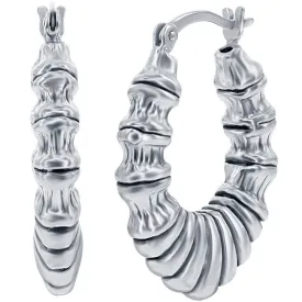 Classic Women's Earrings - Silver Oxidized Textured Oval Hoop Hinged Closure | A-2681