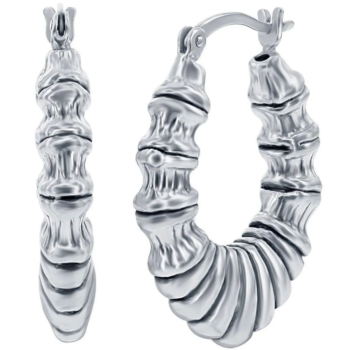 Classic Women's Earrings - Silver Oxidized Textured Oval Hoop Hinged Closure | A-2681