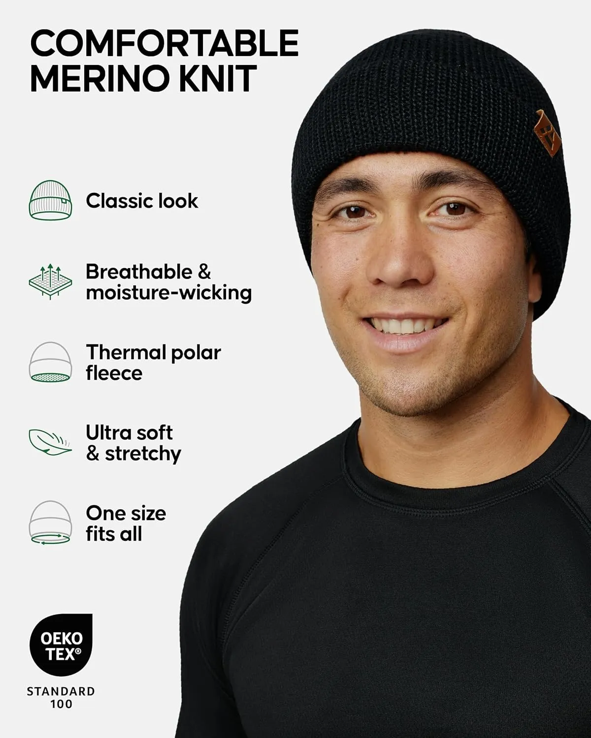 DANISH ENDURANCE Merino Wool Beanie for Men & Women, Fleece Lined Hat, Soft, Stretchy, Fisherman Beanie, Warm Wool Hat