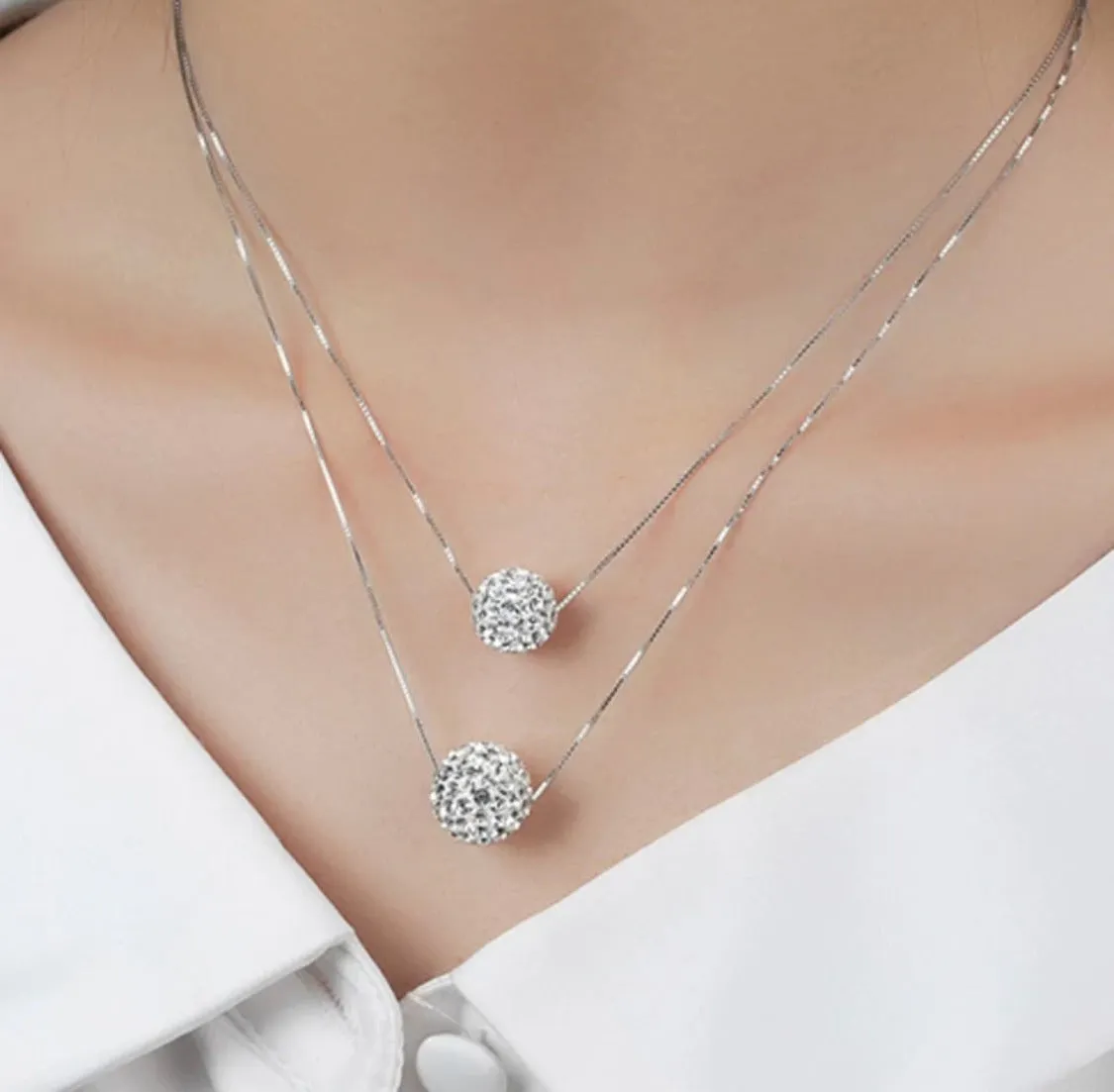 Double Layer Necklace White Rhinestone Beads