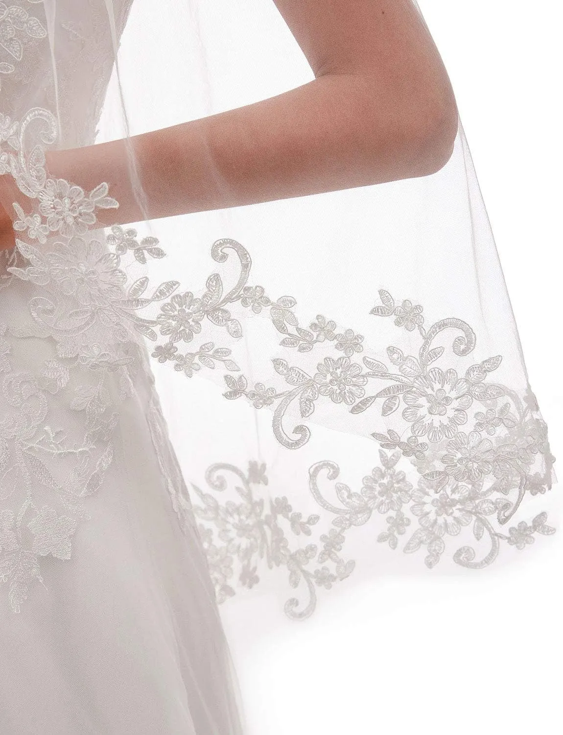 EllieHouse Womens Short Fingertip Length 1 Tier Lace Wedding Bridal Veil with Metal Comb L68