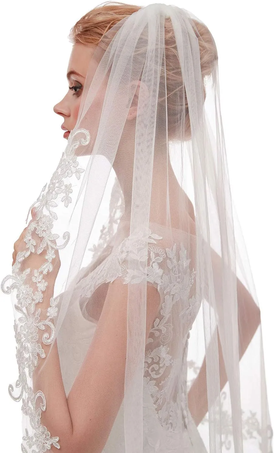 EllieHouse Womens Short Fingertip Length 1 Tier Lace Wedding Bridal Veil with Metal Comb L68