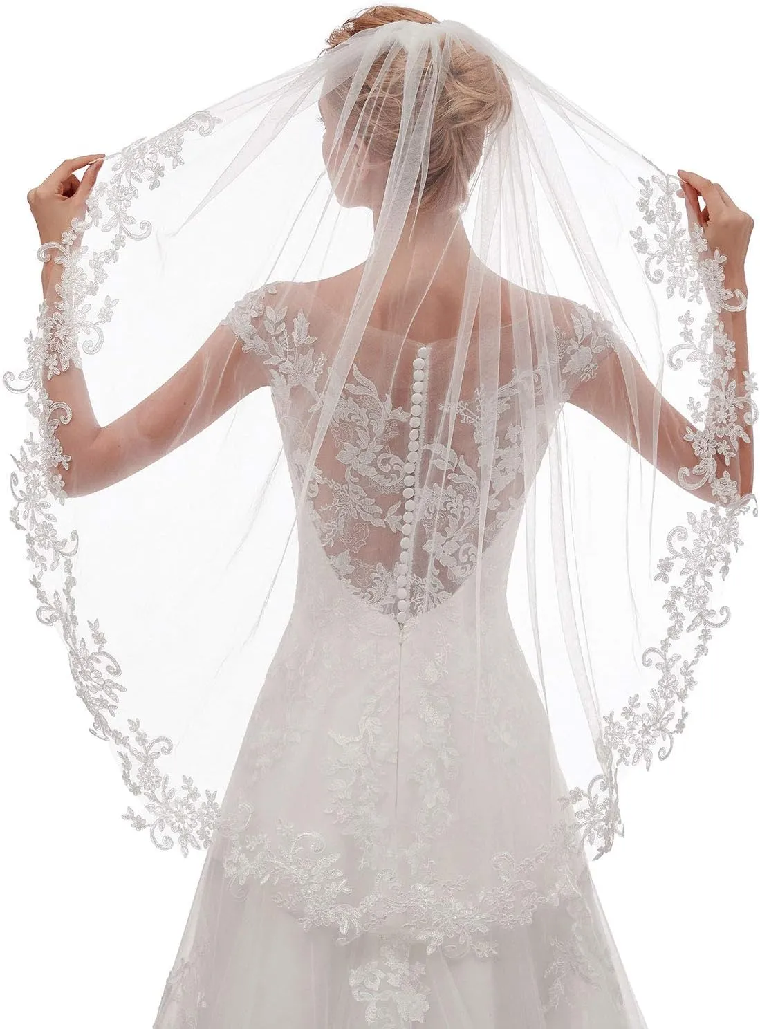 EllieHouse Womens Short Fingertip Length 1 Tier Lace Wedding Bridal Veil with Metal Comb L68