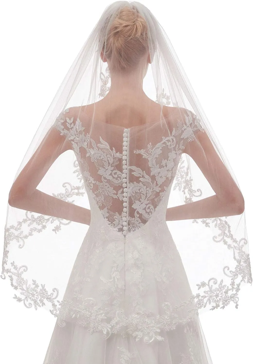 EllieHouse Womens Short Fingertip Length 1 Tier Lace Wedding Bridal Veil with Metal Comb L68