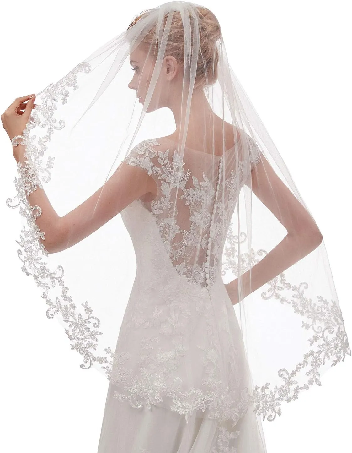 EllieHouse Womens Short Fingertip Length 1 Tier Lace Wedding Bridal Veil with Metal Comb L68