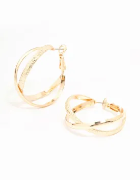 Gold Mixed Texture Crossover Hoop Earrings