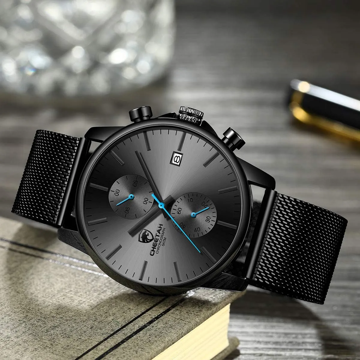 GOLDEN HOUR Mens Watch Fashion Sleek Minimalist Quartz Analog Mesh Stainless Steel Waterproof Chronograph Watches for Men with Auto Date
