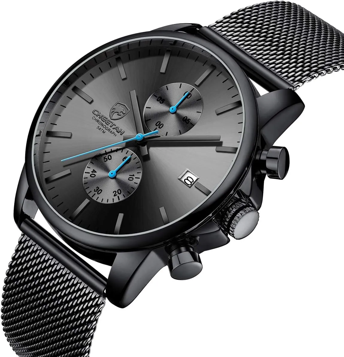GOLDEN HOUR Mens Watch Fashion Sleek Minimalist Quartz Analog Mesh Stainless Steel Waterproof Chronograph Watches for Men with Auto Date