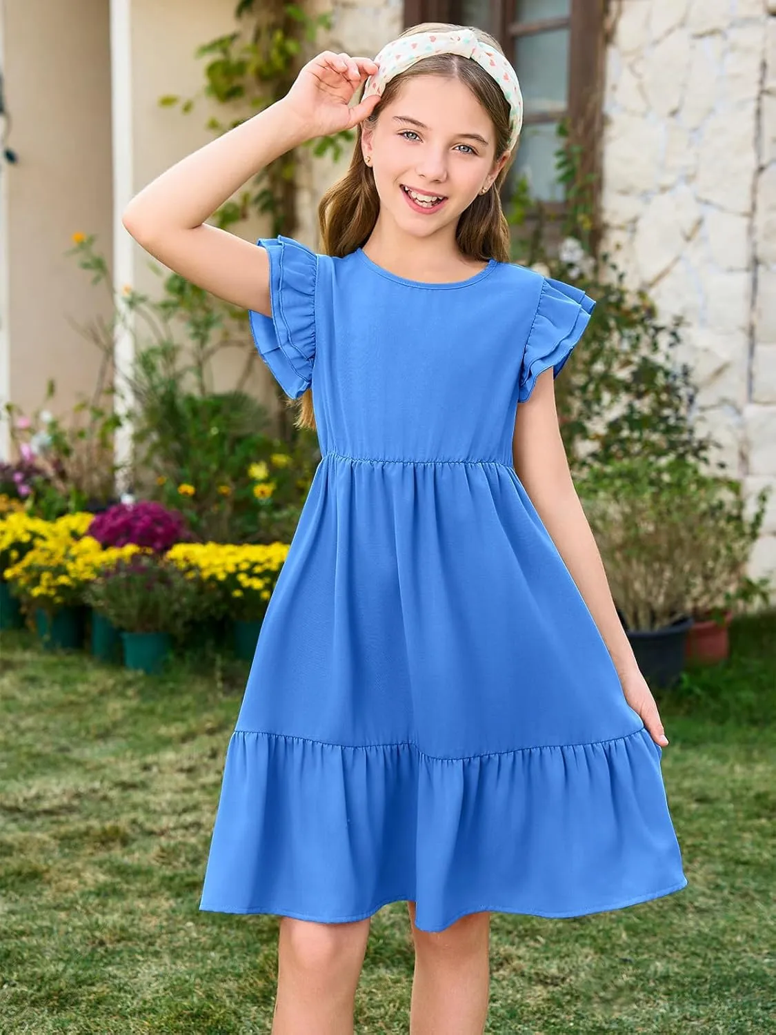 Haloumoning Girls Dresses Kids Summer Double Layer Ruffle Sleeve Dress 5-14 Years