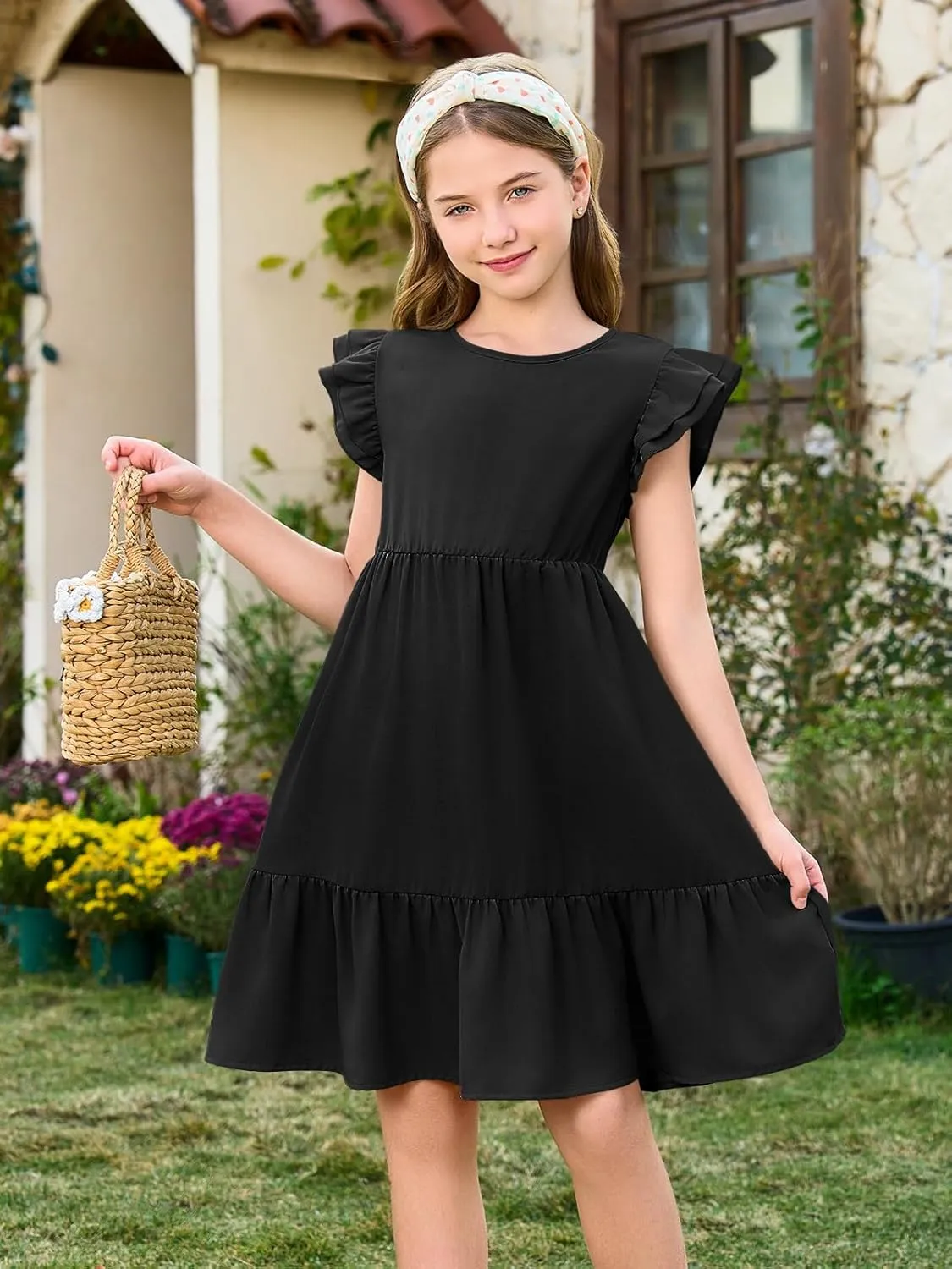 Haloumoning Girls Dresses Kids Summer Double Layer Ruffle Sleeve Dress 5-14 Years