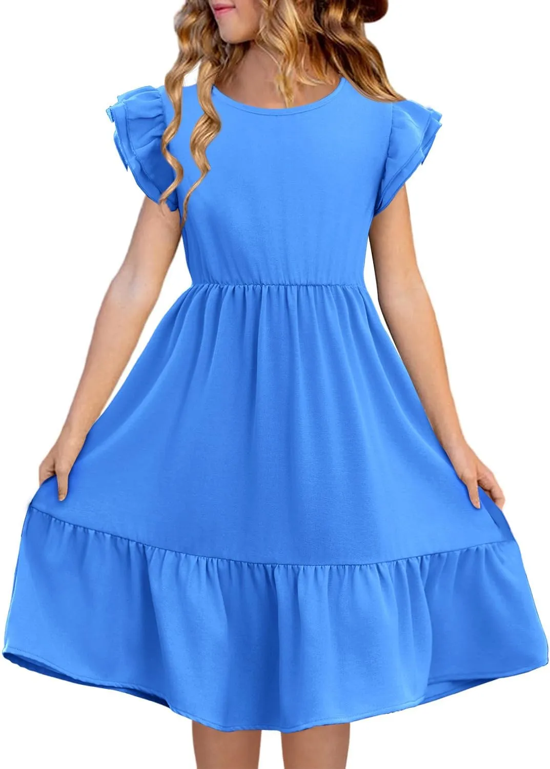 Haloumoning Girls Dresses Kids Summer Double Layer Ruffle Sleeve Dress 5-14 Years