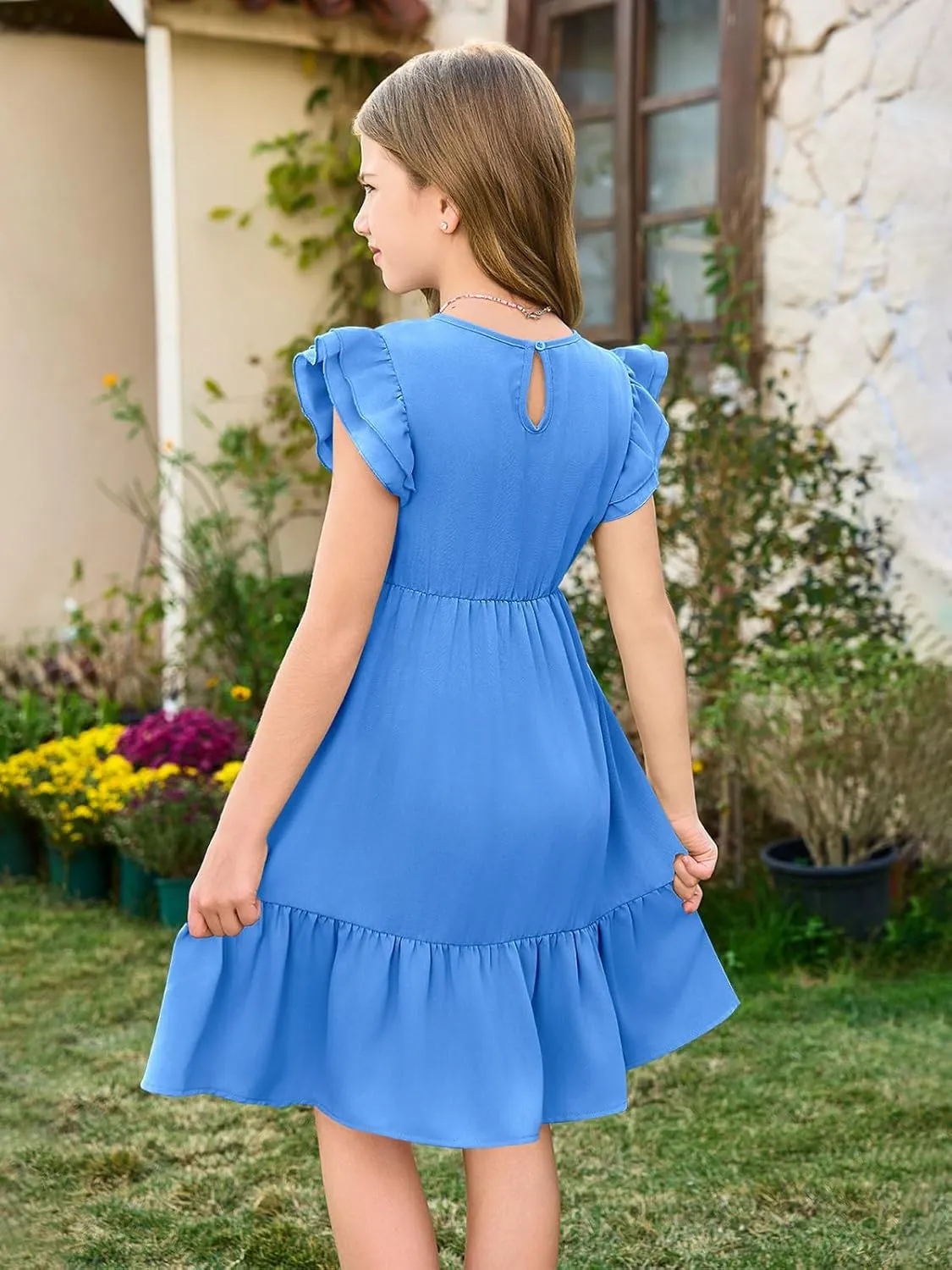 Haloumoning Girls Dresses Kids Summer Double Layer Ruffle Sleeve Dress 5-14 Years