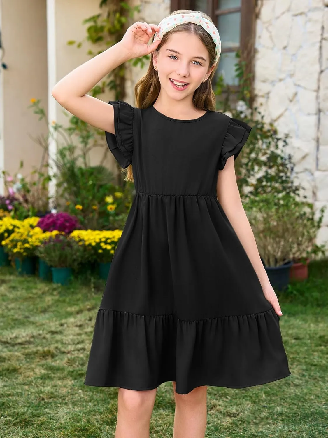 Haloumoning Girls Dresses Kids Summer Double Layer Ruffle Sleeve Dress 5-14 Years