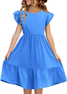 Haloumoning Girls Dresses Kids Summer Double Layer Ruffle Sleeve Dress 5-14 Years