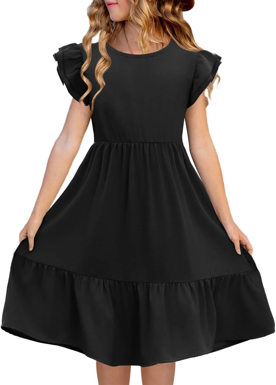 Haloumoning Girls Dresses Kids Summer Double Layer Ruffle Sleeve Dress 5-14 Years