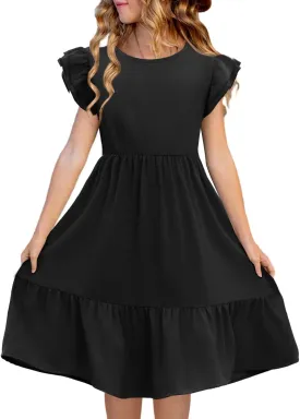 Haloumoning Girls Dresses Kids Summer Double Layer Ruffle Sleeve Dress 5-14 Years