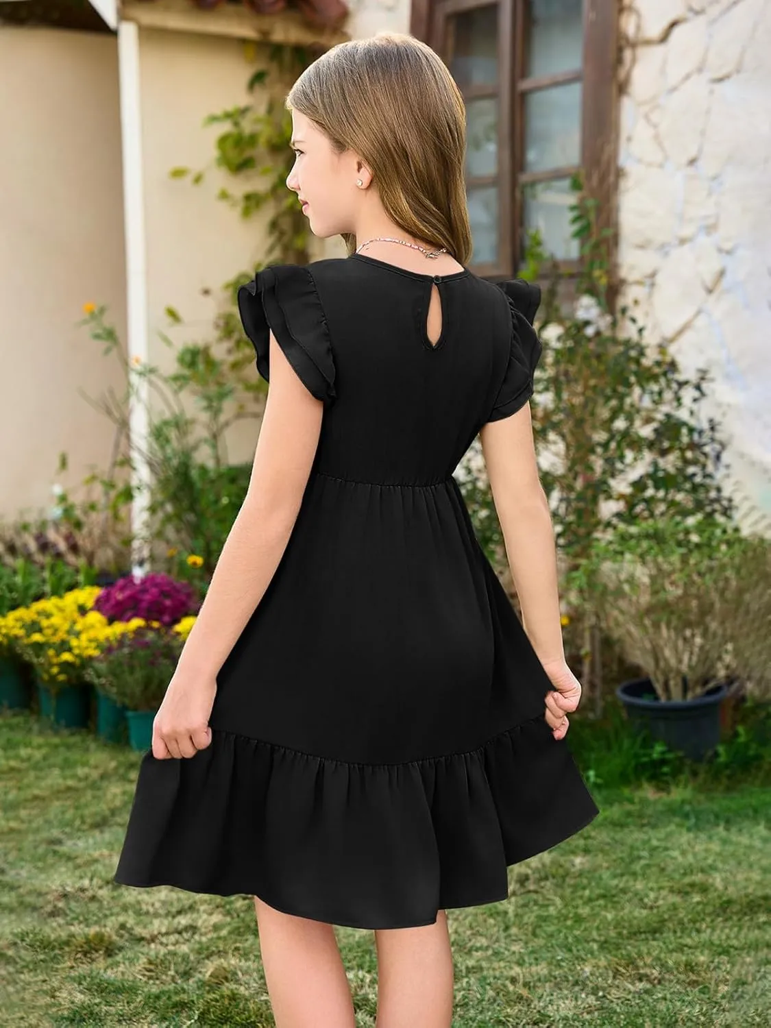 Haloumoning Girls Dresses Kids Summer Double Layer Ruffle Sleeve Dress 5-14 Years