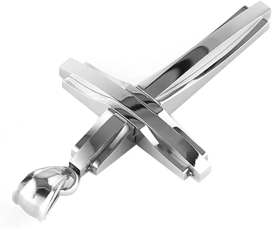 HZMAN Mens Polished Stainless Steel Silver Cross Pendant Necklace 22 2 Inches Chain