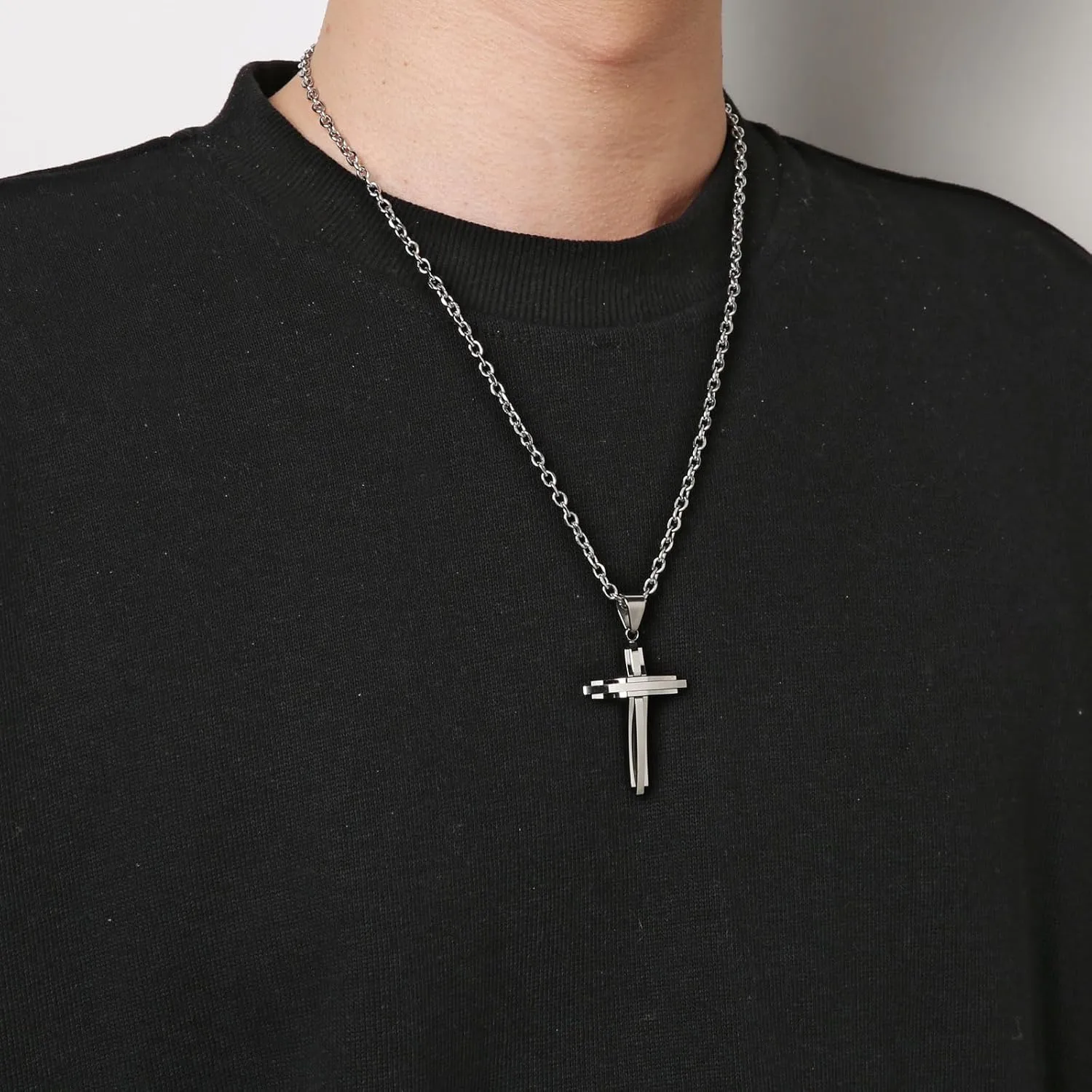 HZMAN Mens Polished Stainless Steel Silver Cross Pendant Necklace 22 2 Inches Chain