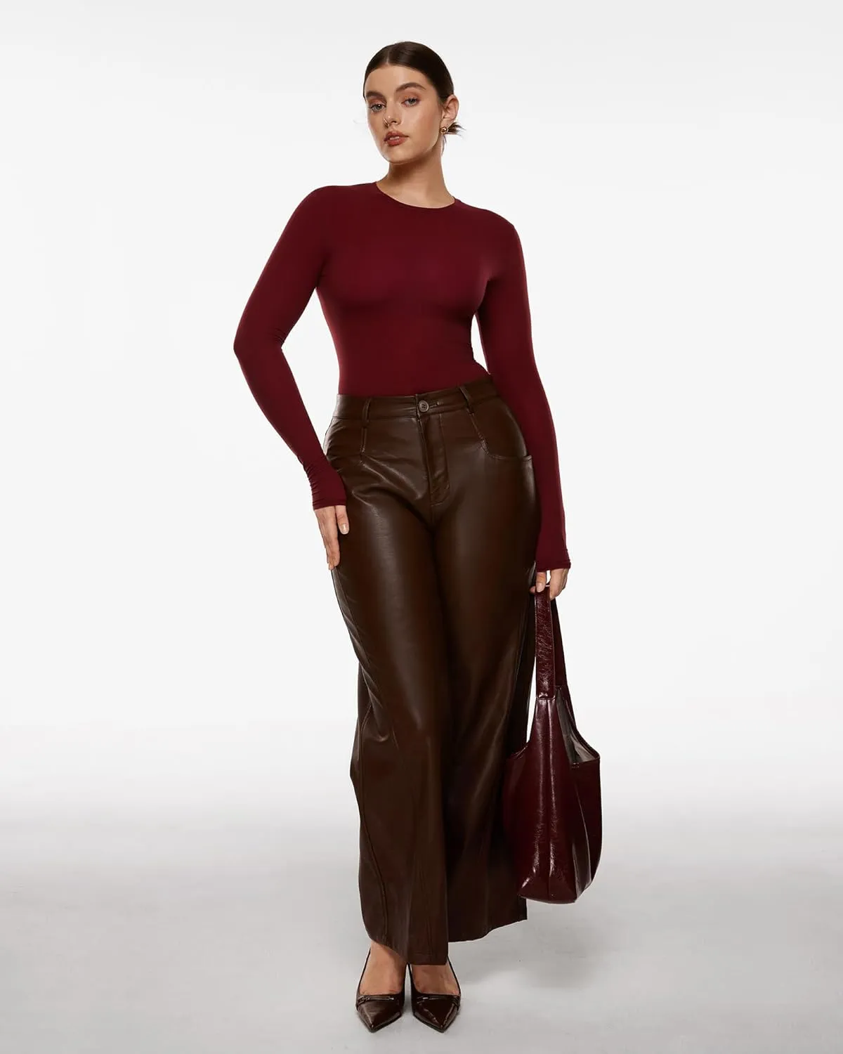 INLYRIC Women's Long Sleeve T-Shirts Crew Neck Basic Fitted Slim Crop Tops Going Out Trendy Tops Spring Tees