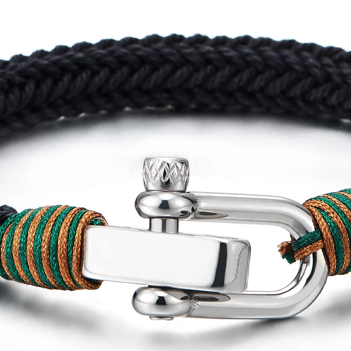 Large Braided Cotton Rope Mens Womens Stainless Steel Nautical Screw Anchor Shackle Wrap Bracelet