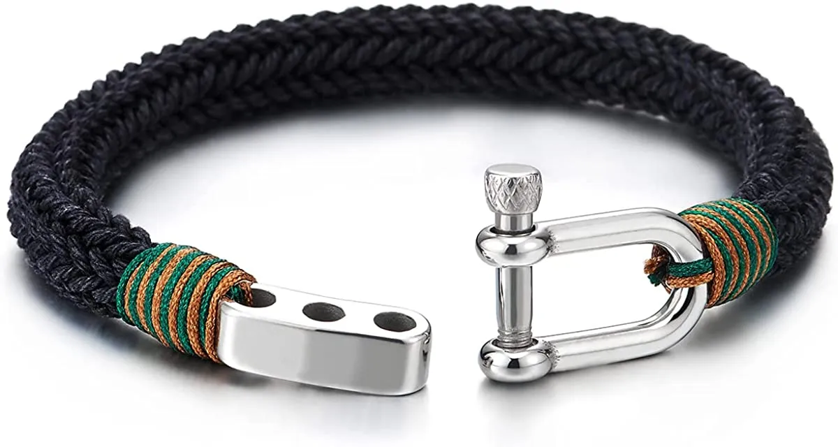 Large Braided Cotton Rope Mens Womens Stainless Steel Nautical Screw Anchor Shackle Wrap Bracelet