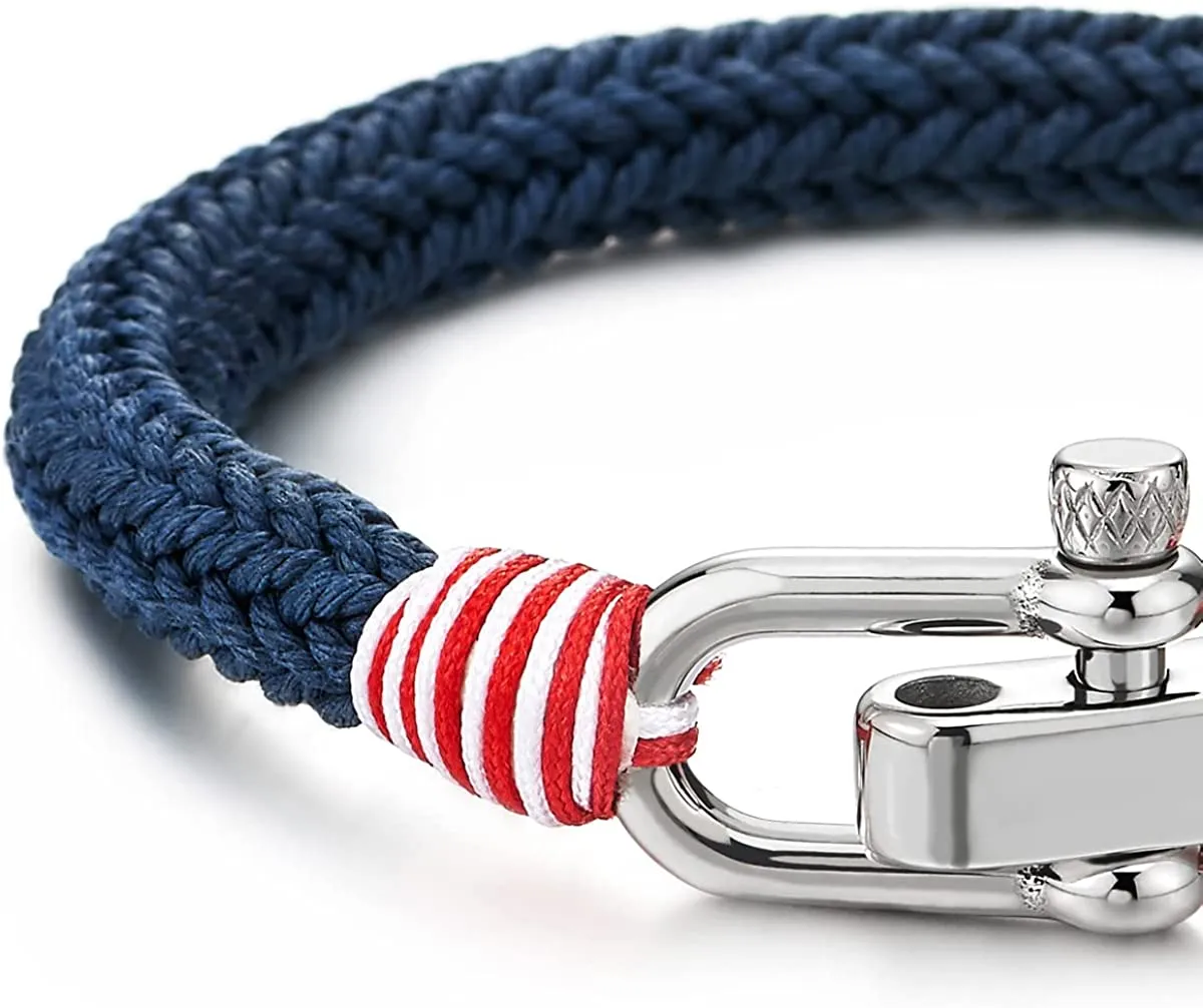 Large Braided Cotton Rope Mens Womens Stainless Steel Nautical Screw Anchor Shackle Wrap Bracelet