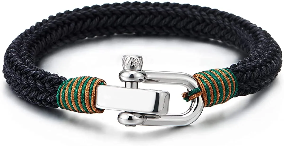 Large Braided Cotton Rope Mens Womens Stainless Steel Nautical Screw Anchor Shackle Wrap Bracelet