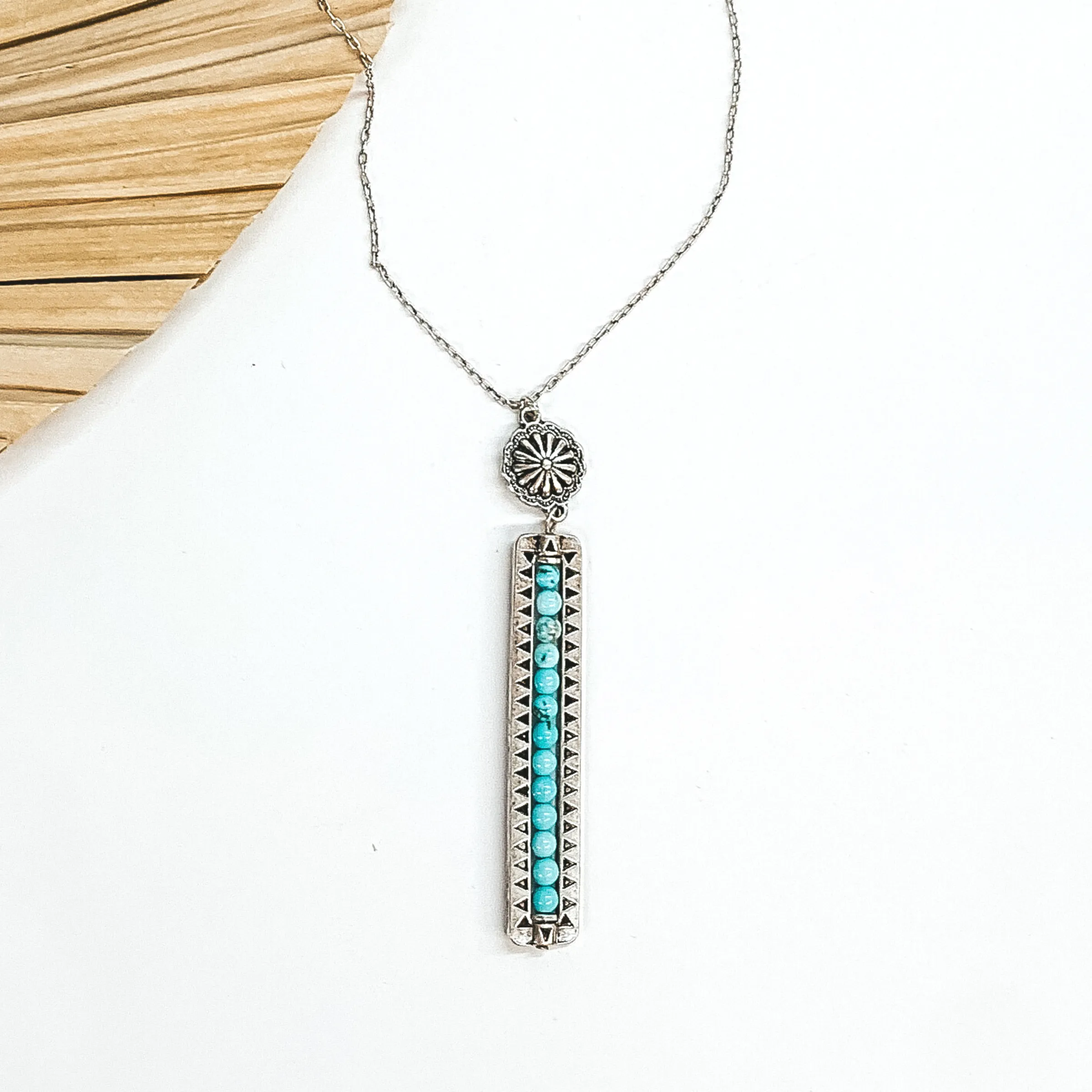 LAST ONE! | Friendly Ties Silver Necklace with Concho and Stone Beaded Bar Pendant in Turquoise