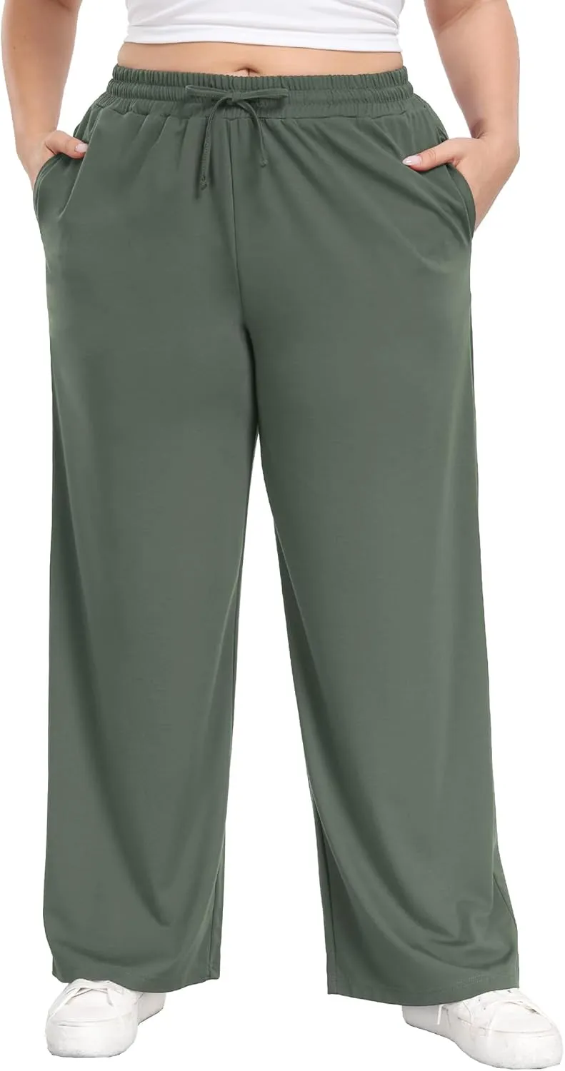 Lastshe Women's Plus Size Casual Pants Elastic Waist Wide Leg Loose Fit Pajama Drawstring Home Pants with Pockets