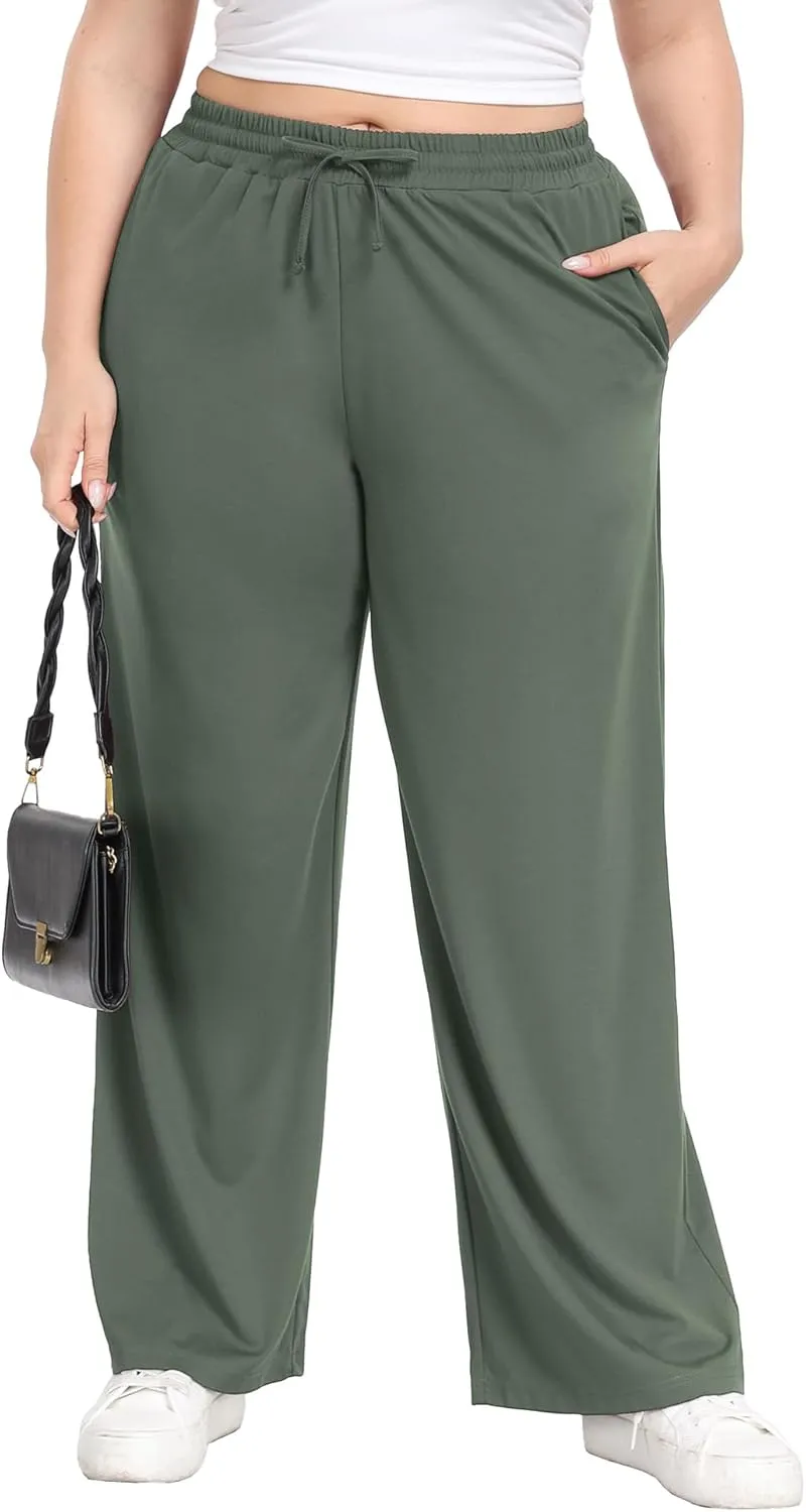 Lastshe Women's Plus Size Casual Pants Elastic Waist Wide Leg Loose Fit Pajama Drawstring Home Pants with Pockets